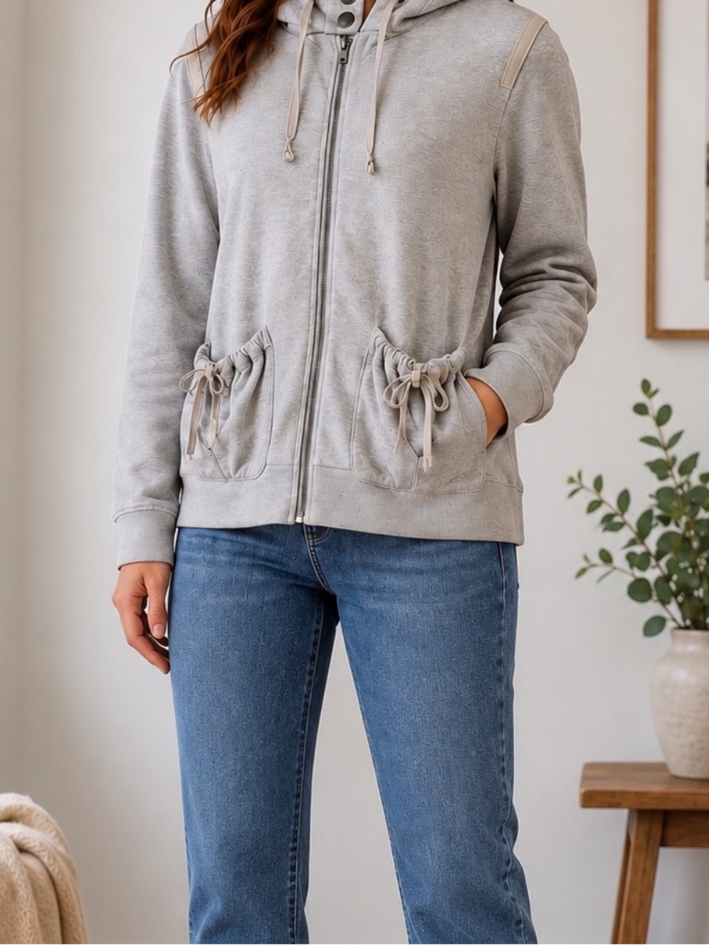 Loft Lounge Gray Zip Hoodie Jacket Women's Large Drawstring Pockets